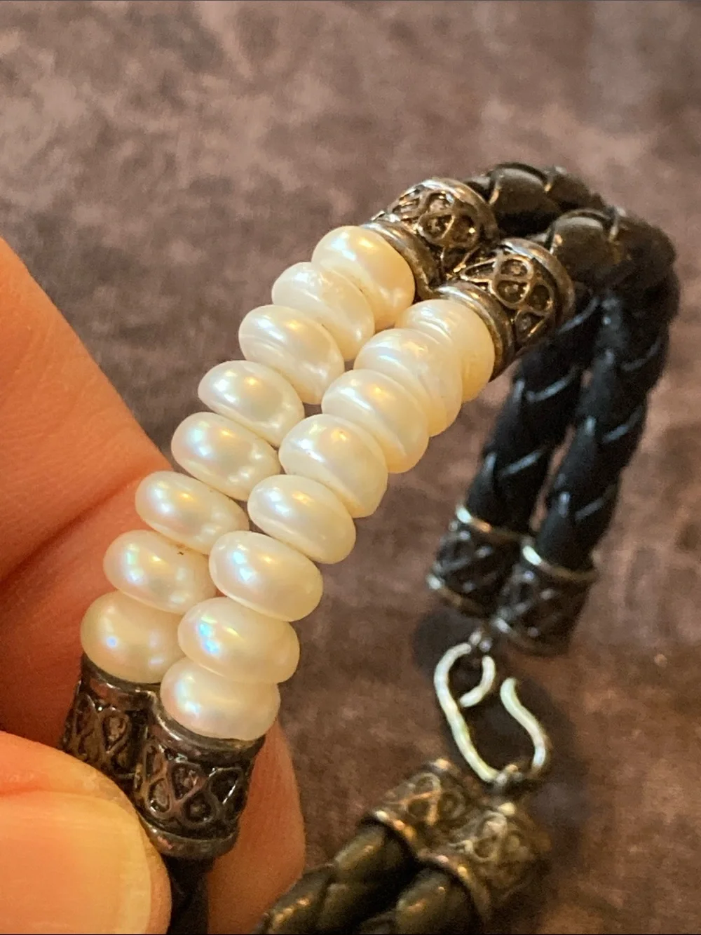 Braided Cord Bracelet with White Freshwater Cultured Button Pearls